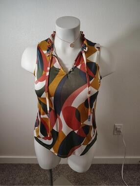 truself women top Retro Multicolor Mustard Yellow Navy Green Sleveless Ruffles M